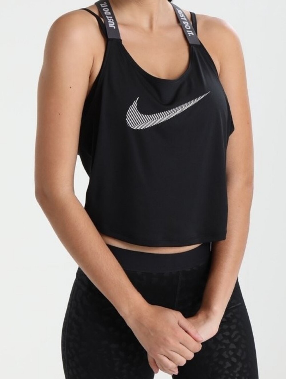 EUC•Nike Dri-Fit Black Cropped Athletic Tank White Swoosh "Just Do It" Straps•M